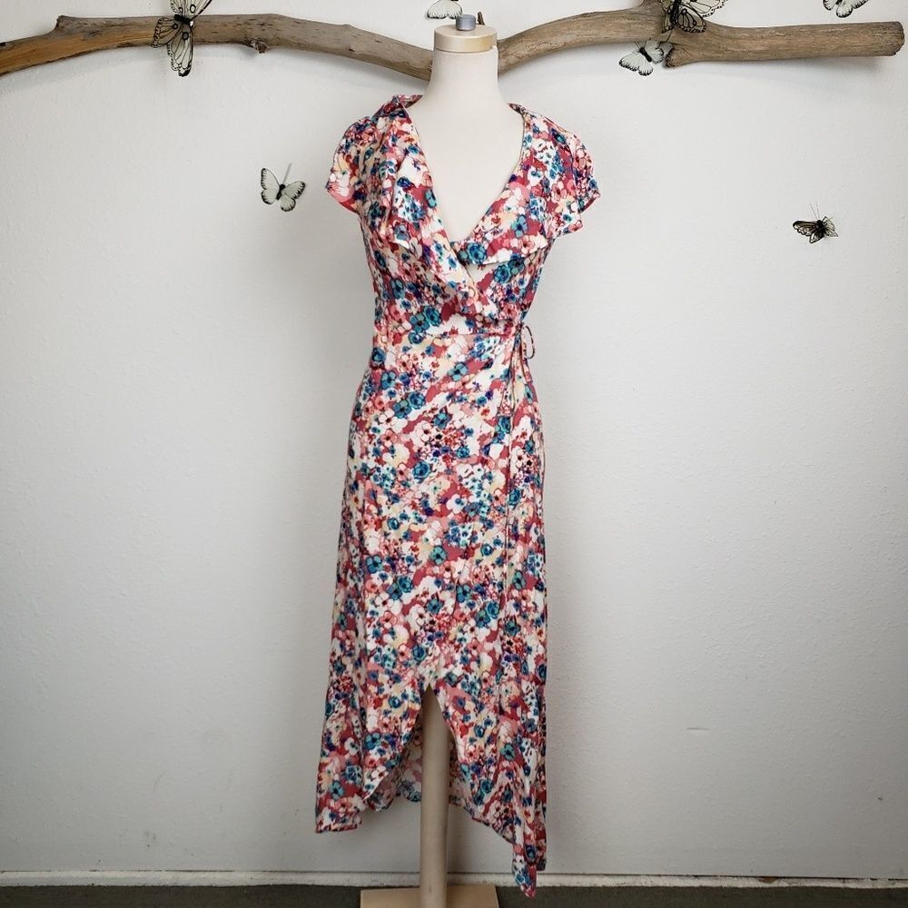 Gia Monte Floral Wrap Midi Dress - Pink Multi Size XS/Small